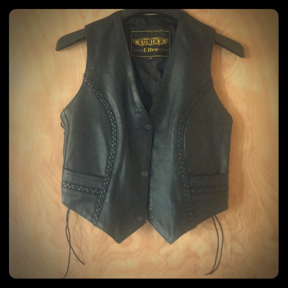 Black leather vest with braid detail
